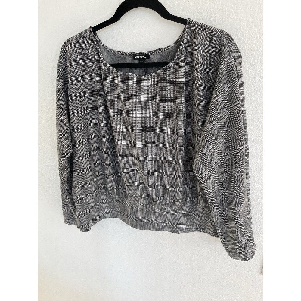Express Gray Black Plaid Boatneck Blouse Womens Sz XL Long Sleeve Career
